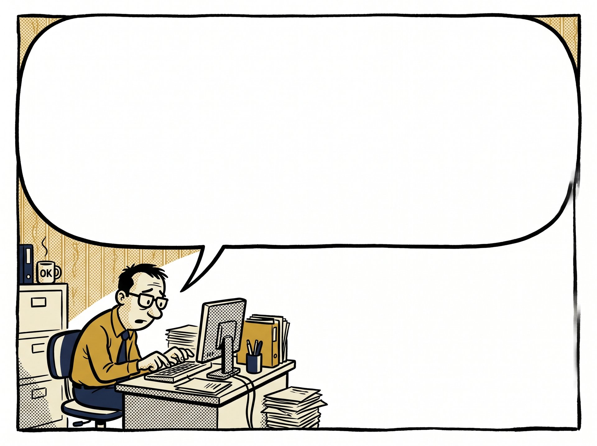 A comic office worker gesturing at a speech balloon containing today's corporate directive.