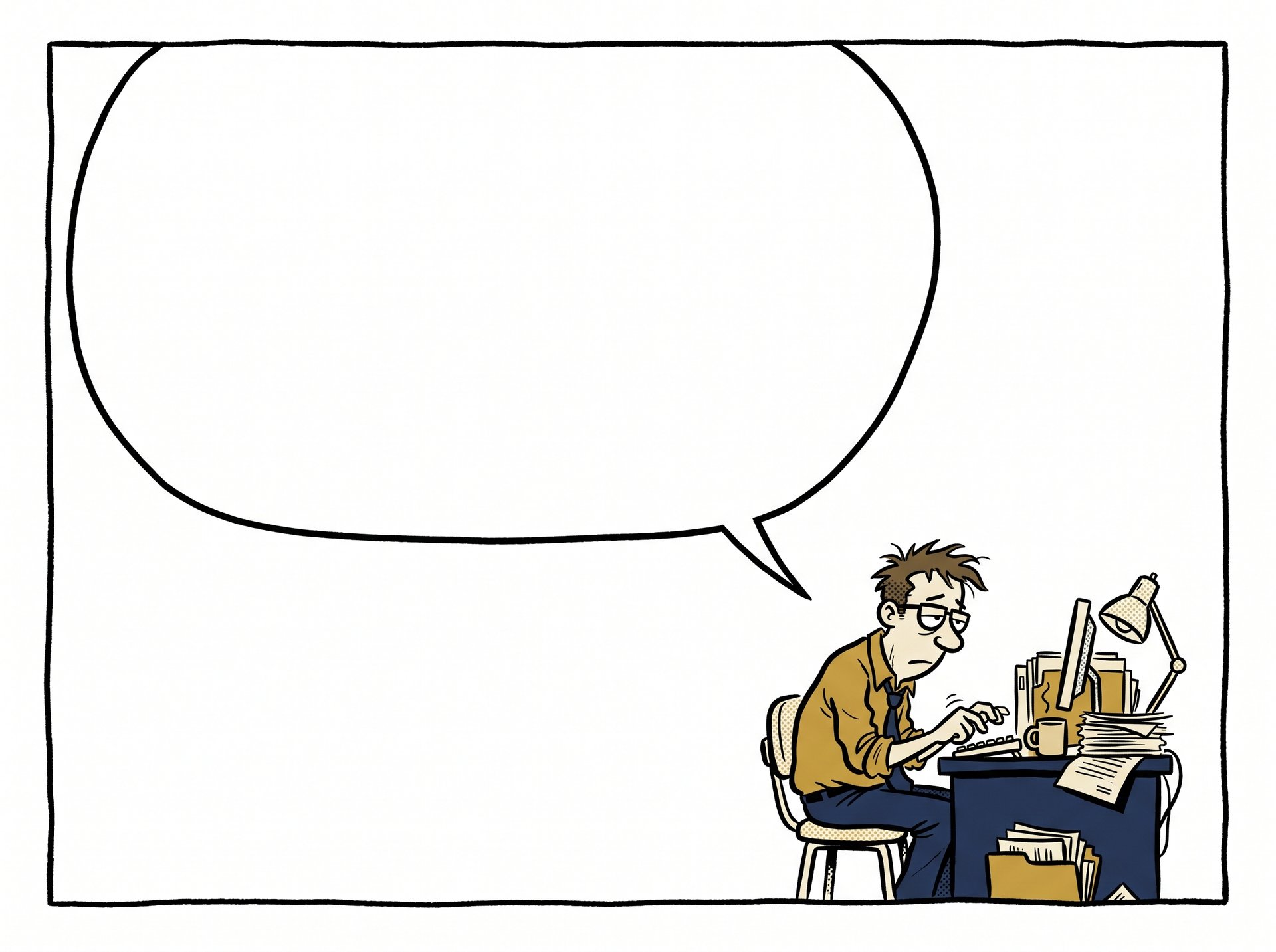 A comic office worker gesturing at a speech balloon containing today's corporate directive.